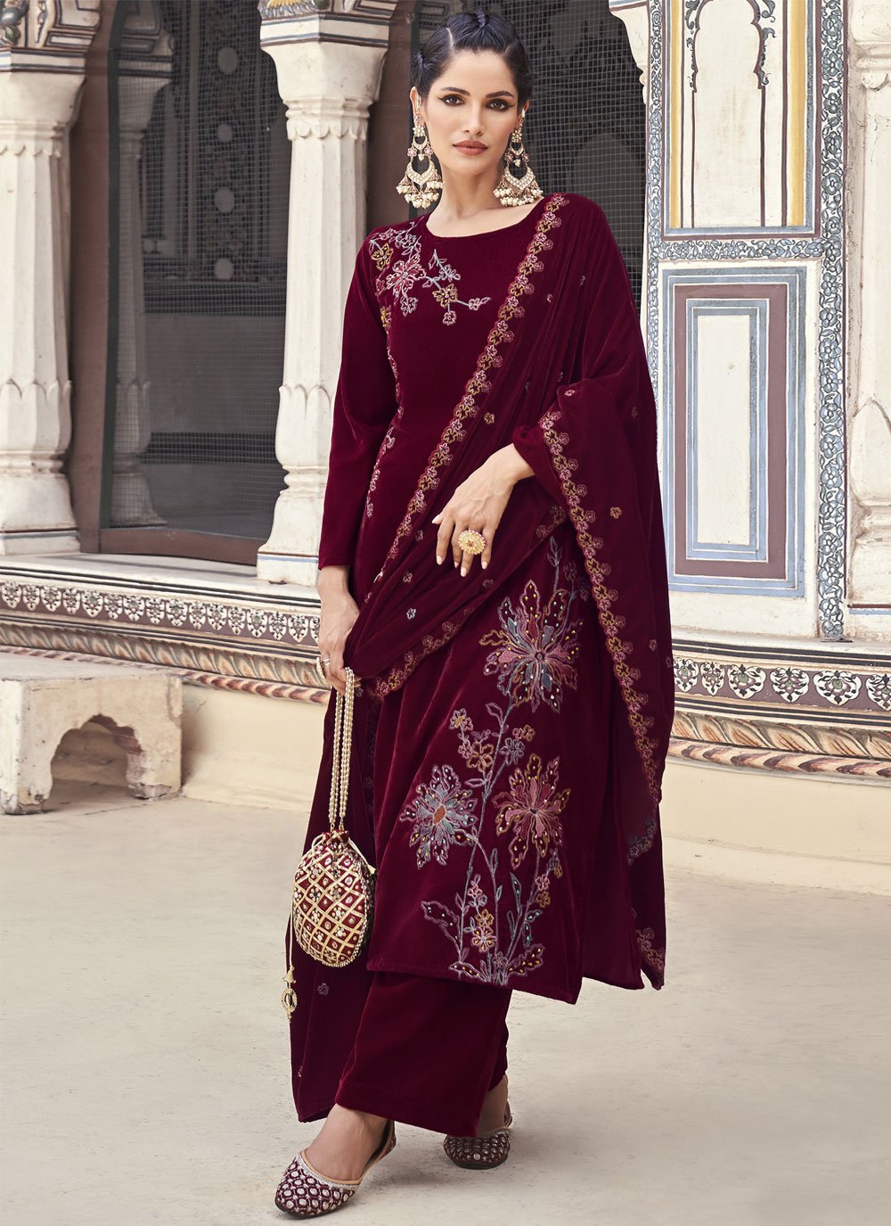Maroon Velvet Punjabi Suit For Ladies – Gunj Fashion
