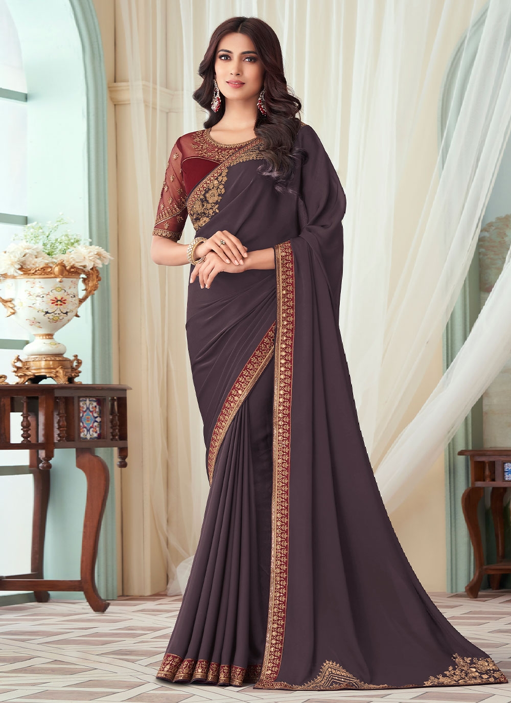 Beautiful Mauve Coloured Paisley Print Ethnic Silk Saree - Ethnic Race