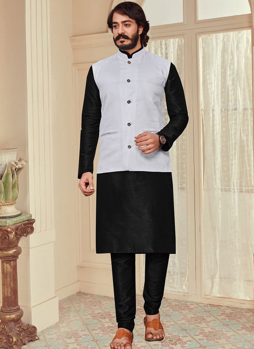 men black and white color printed cotton kurta payjama 86712