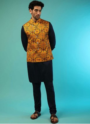 Men's Blue and Yellow Digital Print Cotton  Indo Western