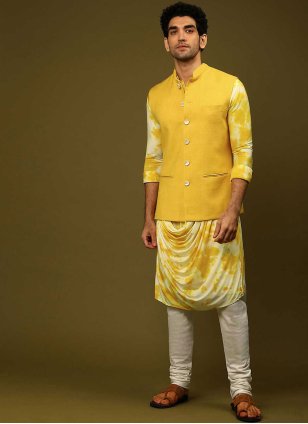 Men's Cotton  Digital Print White and Yellow Indo Western