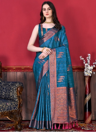 Buy Festival Wear Teal Weaving Katan Silk Saree Online From Surat Wholesale  Shop.