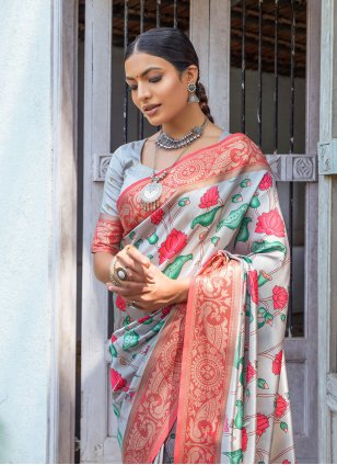 Multi Colour Banarasi Silk Border Designer Sari