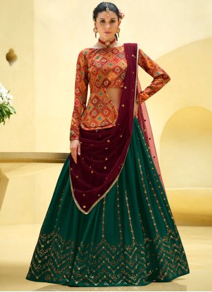 Multi Colour Chinon Embroidered Readymade Ghagra Choli for Wedding