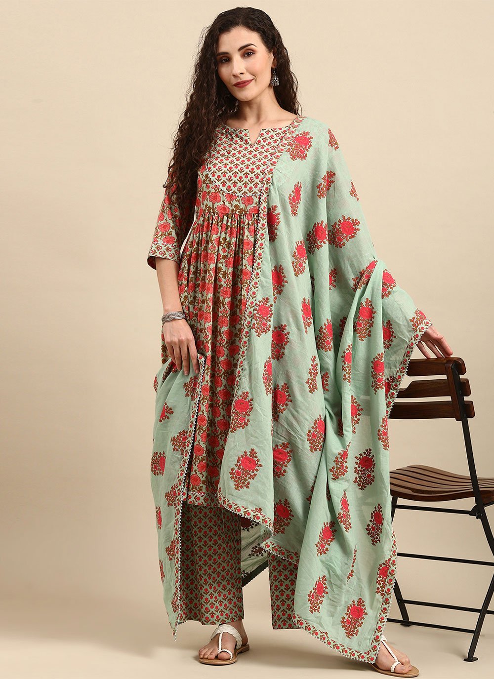 Multi Colour Cotton  Flower Print Readymade Salwar Suits