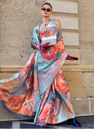 Multi Colour Crepe Digital Print Contemporary Sari