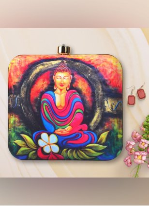 Multi Colour Buddha Printed Art Silk Clutch Bags