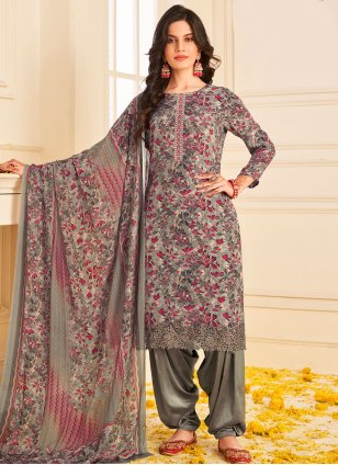 Multi Colour Pure Crepe Border Straight Salwar Suit