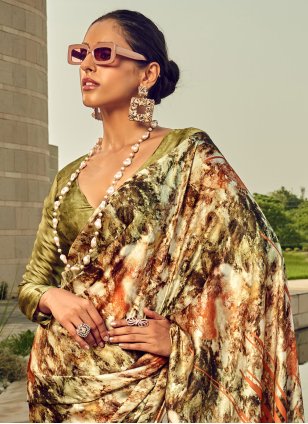Multi Colour Satin Digital Print Classic Sari