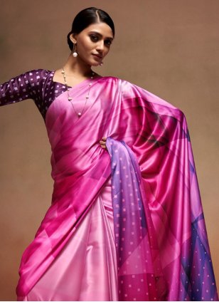 Multi Colour Satin Printed Classic Saree