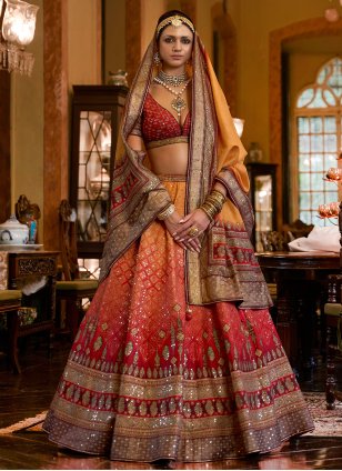 Designer Multi Colour Silk Mirror Work Readymade Bridal Ghagra Choli