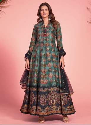 Multi Colour Silk Printed Readymade Trendy Gown