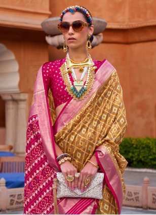 Mustard and Rani Silk Foil Print Designer Sari
