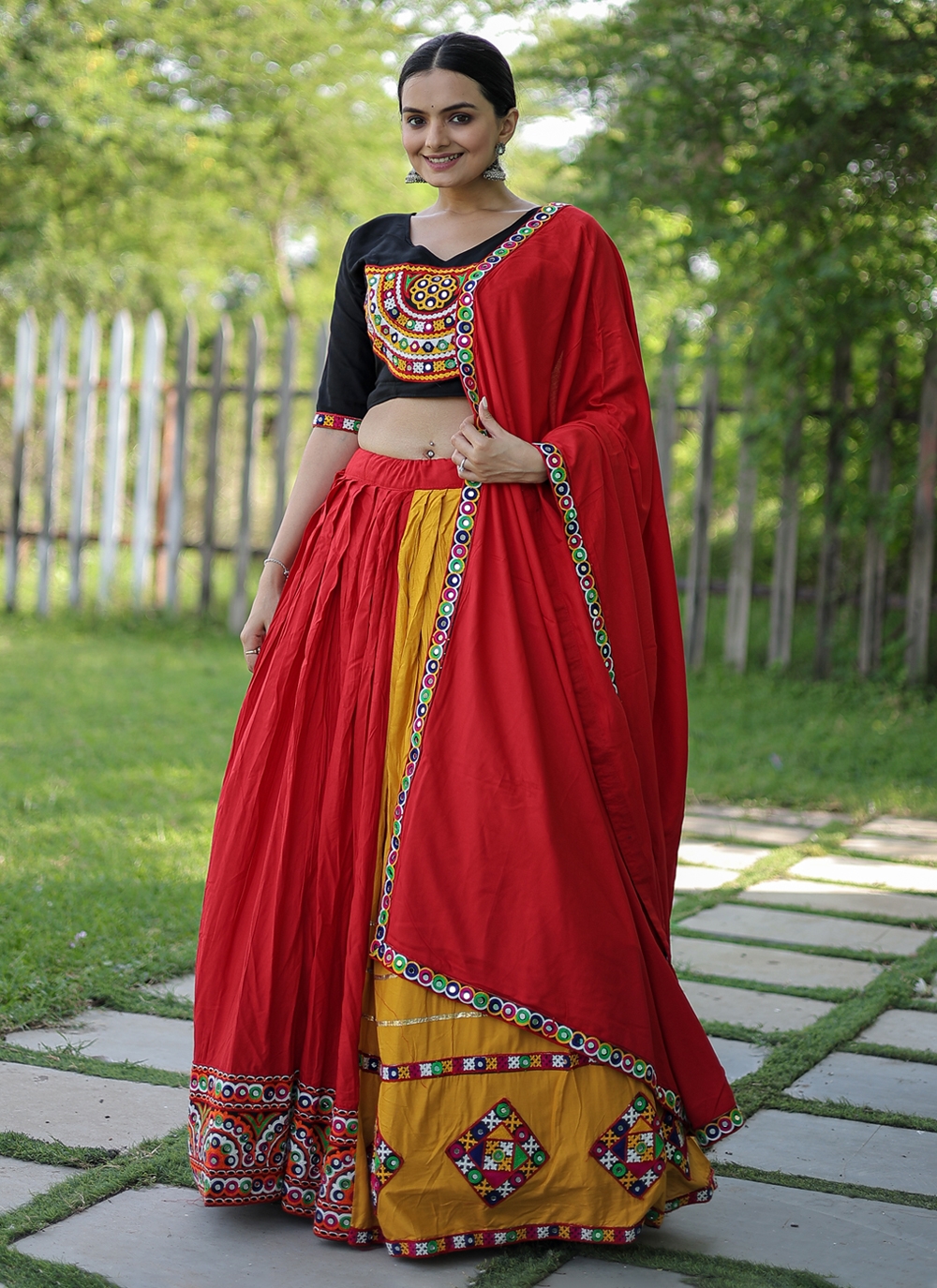 Half Sleeves Flared Mustard Lehenga