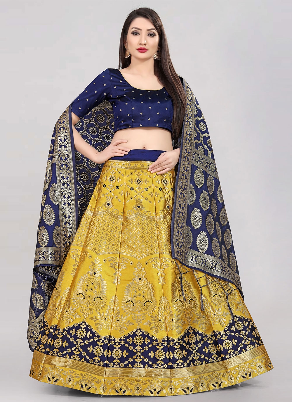 Janasya Mustard & Teal Green Foil Printed Ready to Wear Lehenga & Blouse  with Dupatta - Absolutely Desi