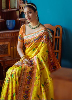 Mustard Banarasi Silk Woven Contemporary Patola Sari