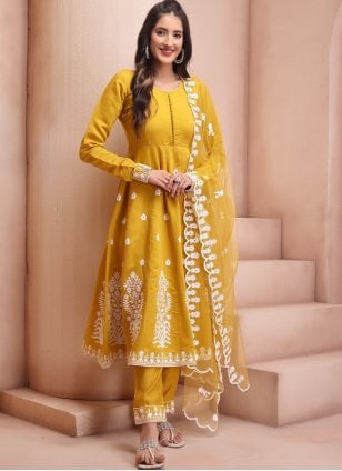 Mustard Chanderi Embroidered Pant Style Suit