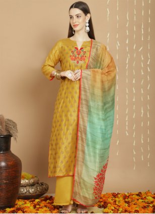 Mustard Chanderi Embroidered Salwar suit