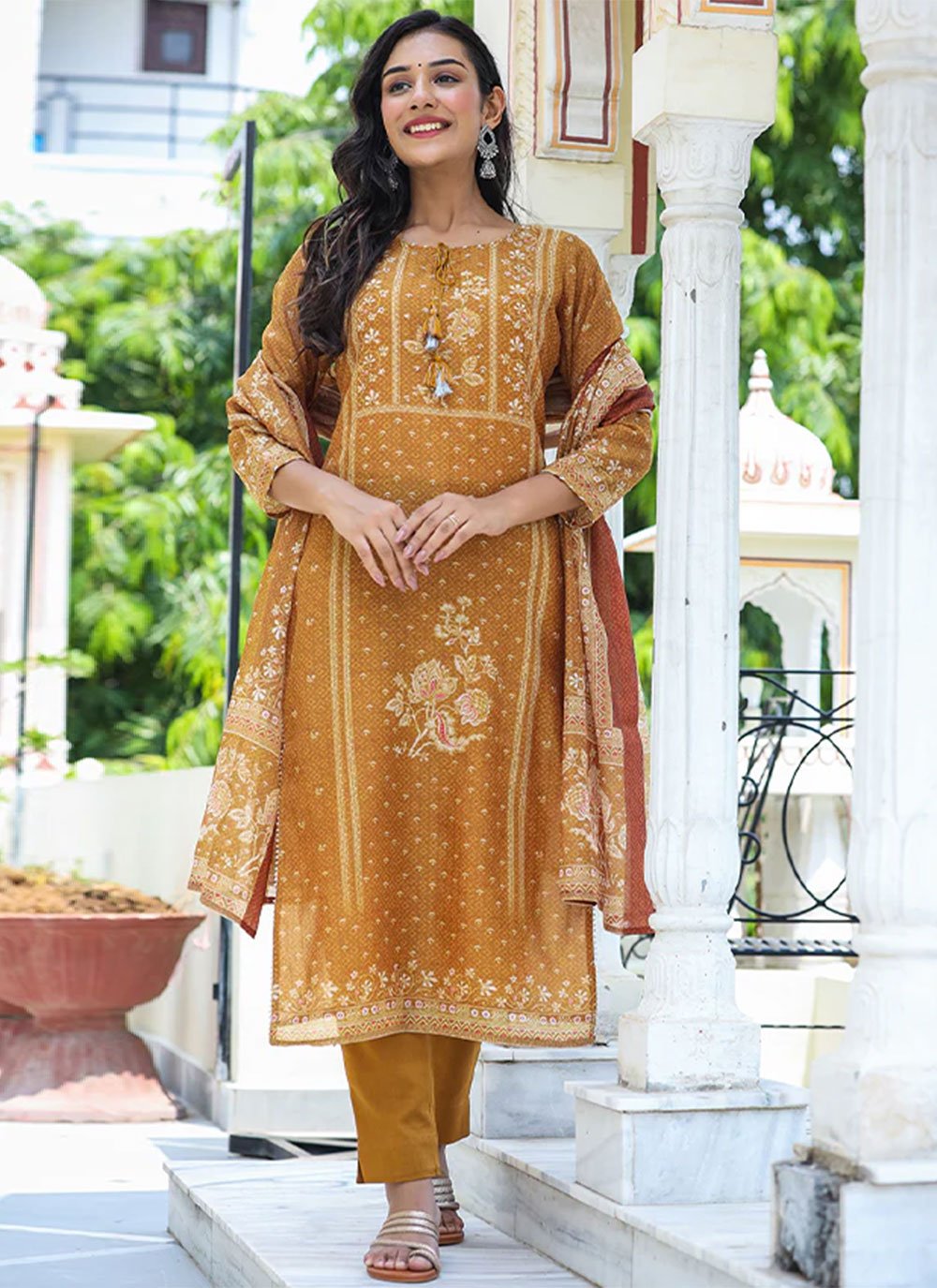 dull yellow cotton chanderi straight trouser suit 1174