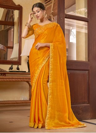 Mustard Chiffon Lace Designer Sari
