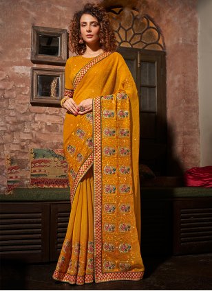 Mustard Chinon Embroidered Trendy Sari
