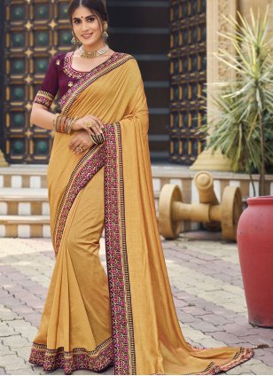 Mustard color Embroidered Art Silk Traditional Saree
