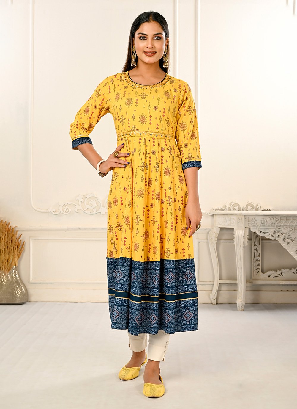 Cambric Cotton Embroidered Ikat Print Anarkali Kurta Dress (Blue) – Yash  Gallery