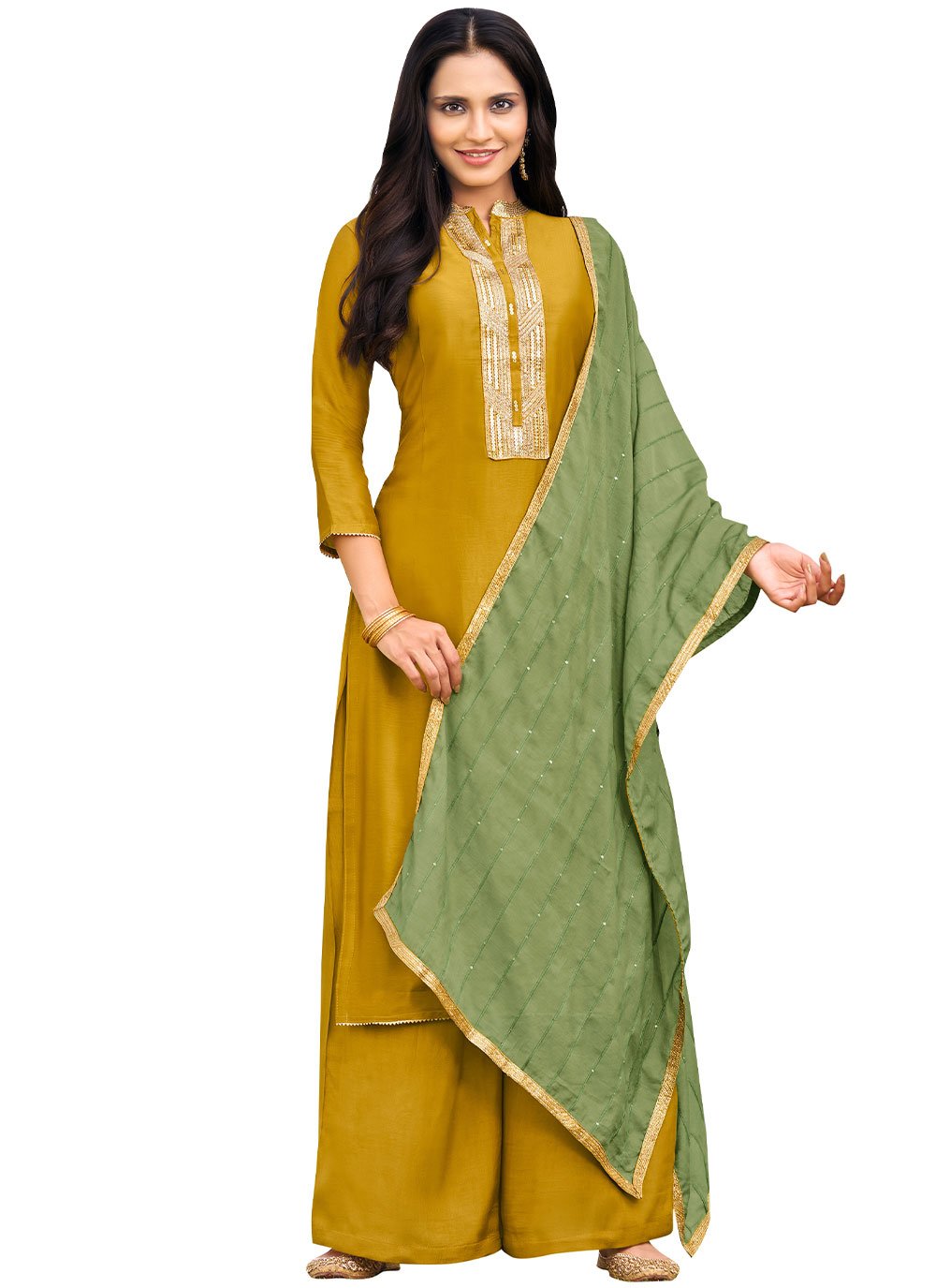 Mustard Cotton  Embroidered Palazzo Salwar Suit