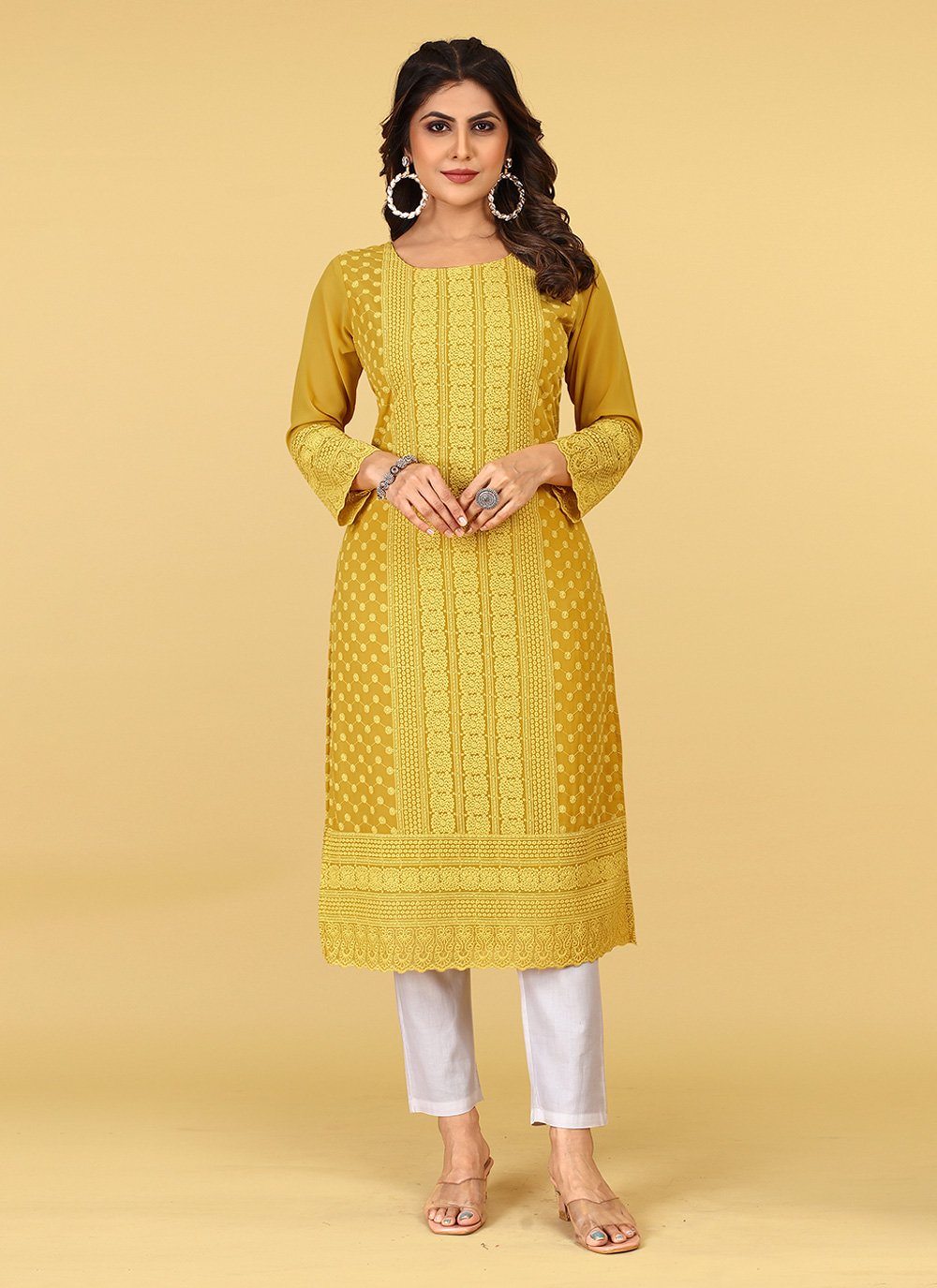 Magnificent Yellow Rayon WIth Embroidered Aari Work Kurti & Plazo - RJ  Fashion
