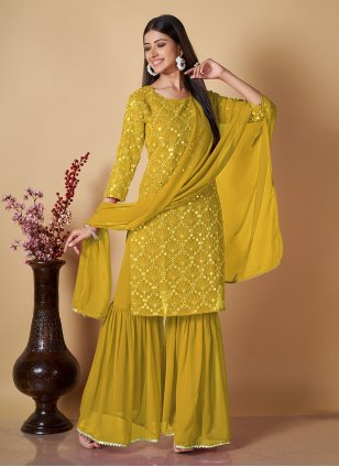 Mustard Georgette Sequins Readymade Salwar Suits