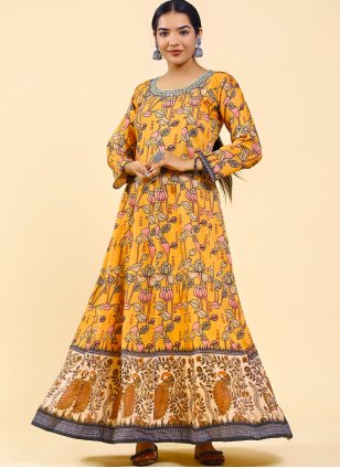 Mustard Gown in Chanderi with Digital Print work