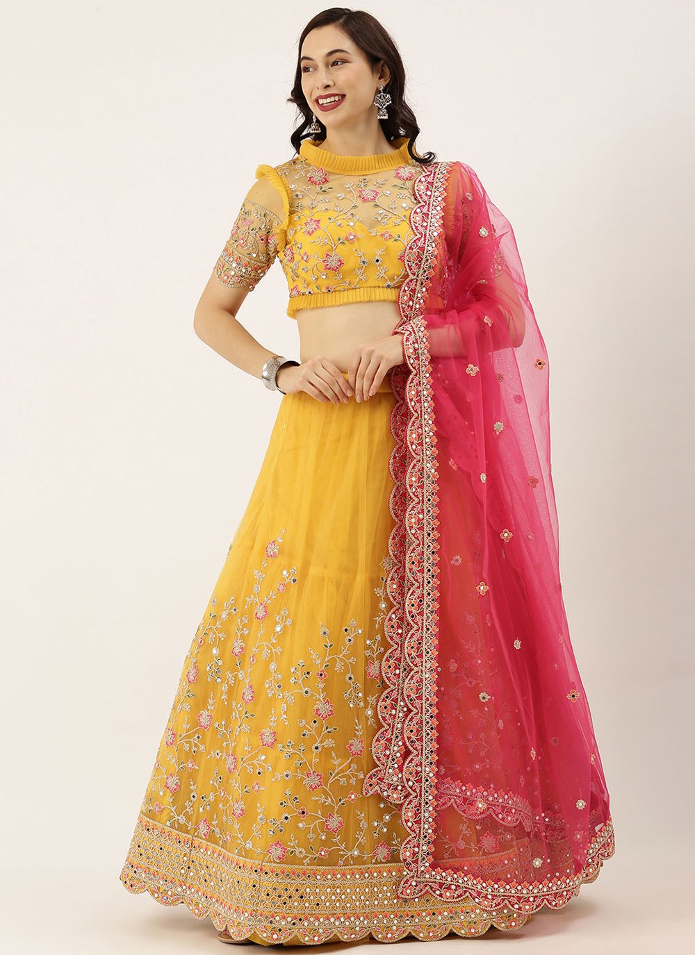 Handloom Silk and emboidered Lehenga in Yellow and pink  |lovelyweddingmall.com |