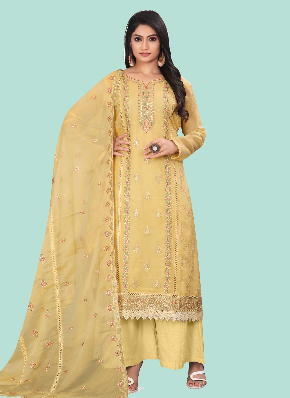 Mustard Organza Border Palazzo Salwar Suit - 91287 