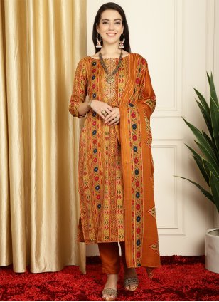 Mustard Pashmina Flower Print Salwar suit