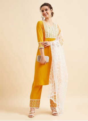Mustard Rayon Embroidered Readymade Salwar Kameez