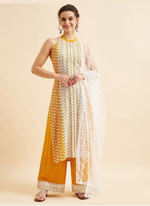 Mustard Rayon Embroidered Straight Salwar Suit