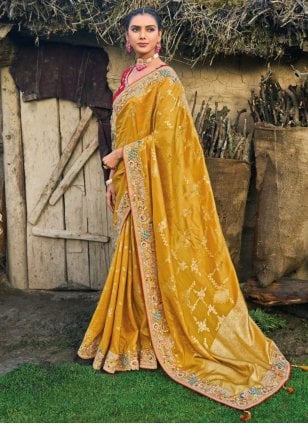Mustard Silk Embroidered Designer Sari