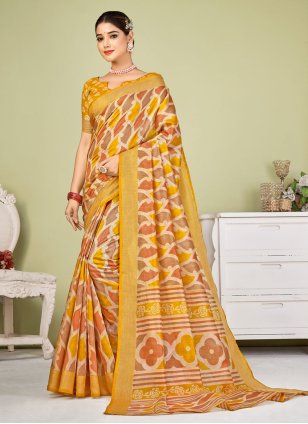Mustard Tussar Silk Printed Trendy Saree