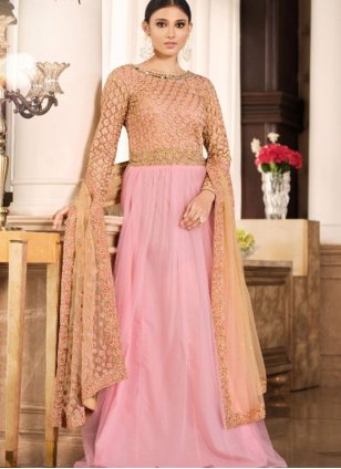 Net Peach Embroidered  Trendy Gown