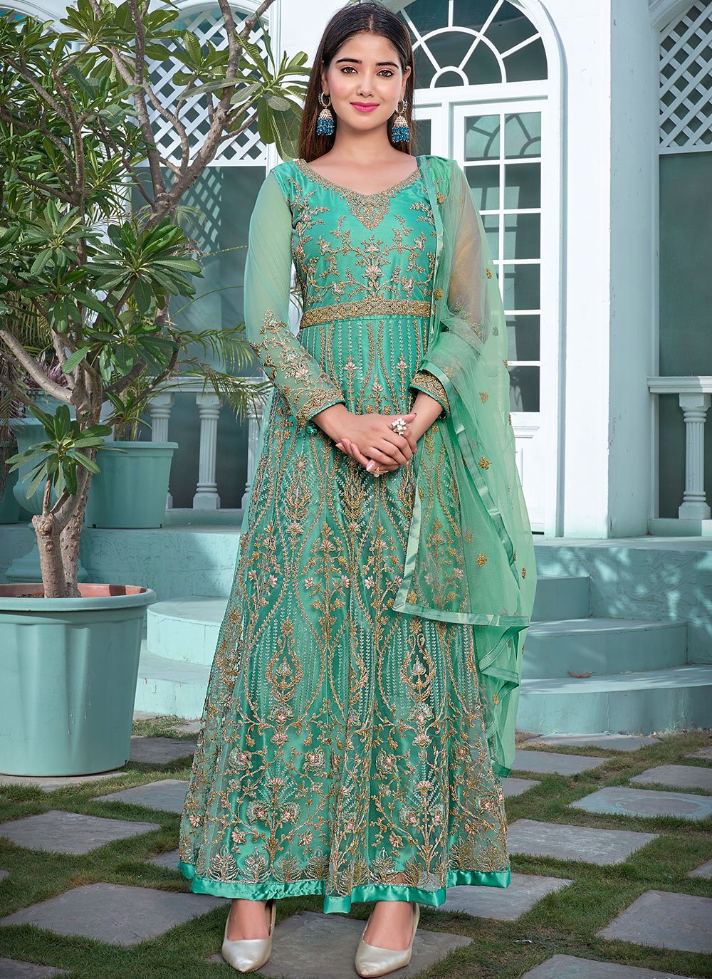 Shop Green Net Heavy Embroidered Anarkali Suit Online – Gunj Fashion