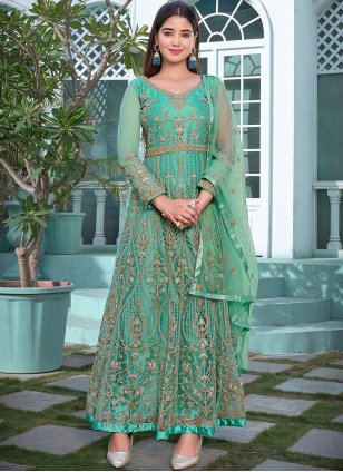 Designer Georgette Thread Embroidered Pista Green Anarkali Suit