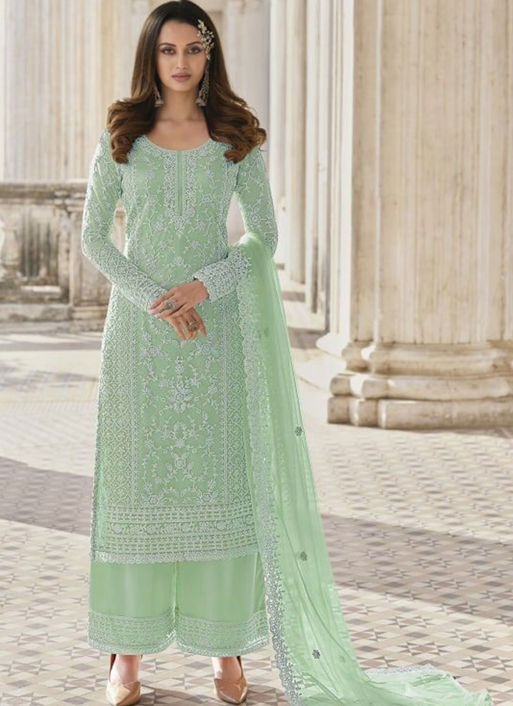Featuring peach and pista green designer party wear lehenga set with  embroidery on top and … | Combination dresses, Party wear lehenga, Colour  combination for dress