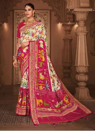 Off White and Pink Patola Silk Patola Print Casual Sari