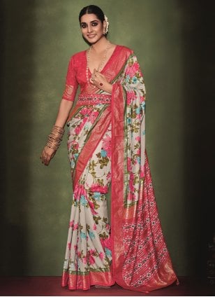 Off White and Pink Tussar Silk Printed Classic Sari