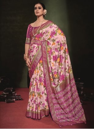 Off White and Purple Tussar Silk Printed Designer Saree