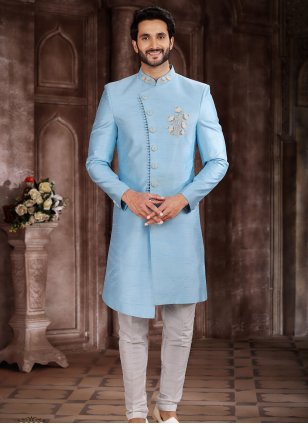 Off White and Sky blue color Embroidered Art Silk Sherwani