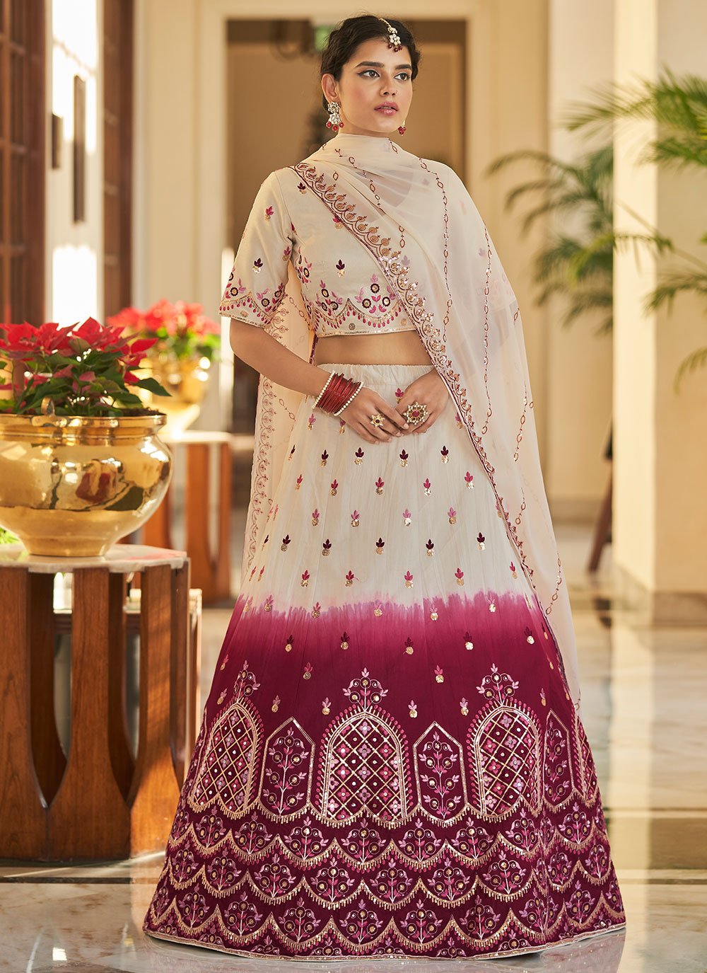 Shop wine velvet zardozi work bridal lehenga set| The Indian Couture