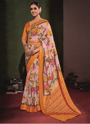 Off White and Yellow Tussar Silk Printed Casual Sari