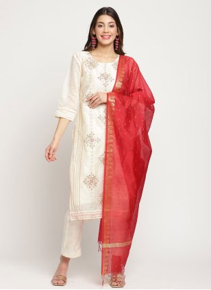 Off White Chanderi Embroidered Pant Style Suit