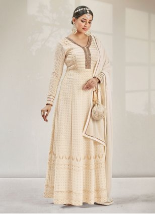 Off White Georgette Embroidered Anarkali Suit